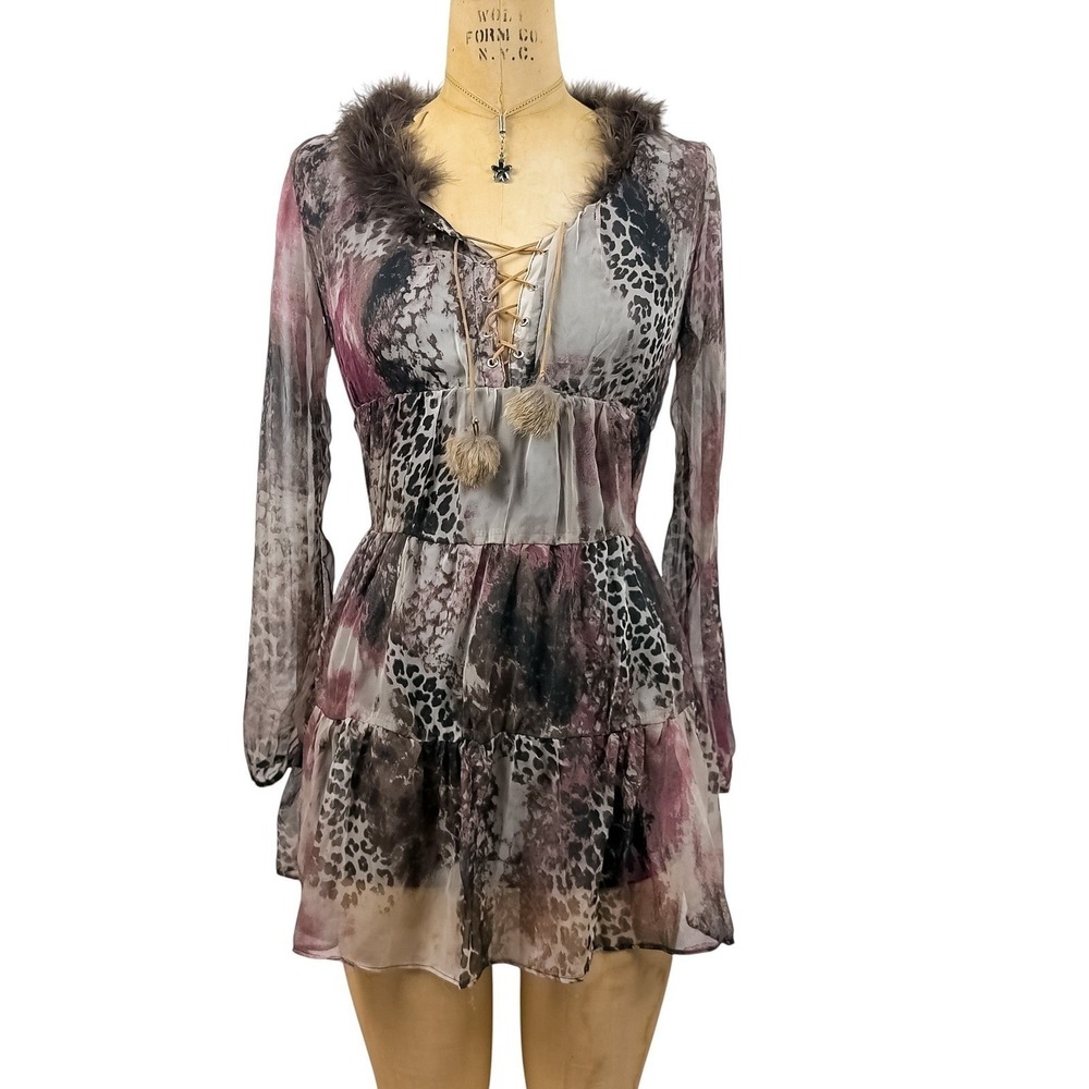 Whimsigoth Babydoll Leopard Print Dress Lace Up Faux Fur Sheer Eclectic Rare M